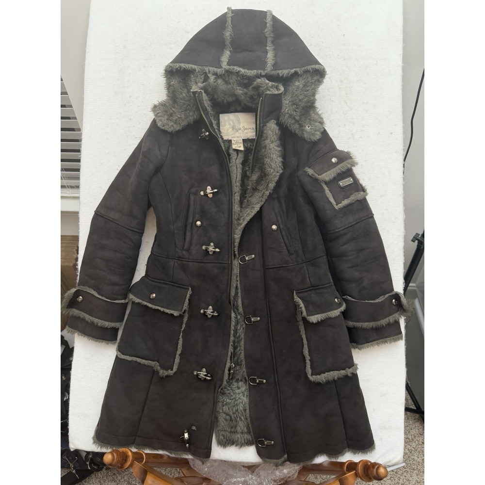 VTG Pepe Jeans Reverse Shearling Faux Fur Toggle Coat Womens M Black Y2K RARE